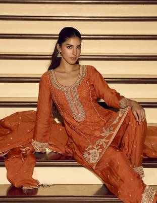 Orange art silk thread embroidery readymade suits free size up to 42 2