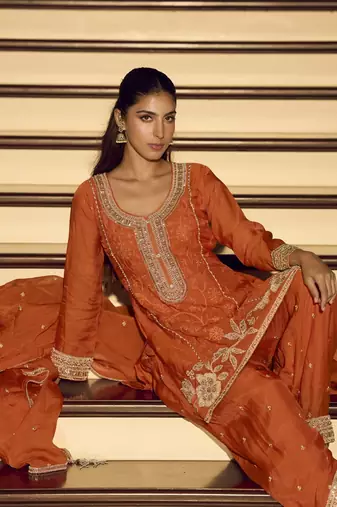 Orange art silk thread embroidery readymade suits free size up to 42