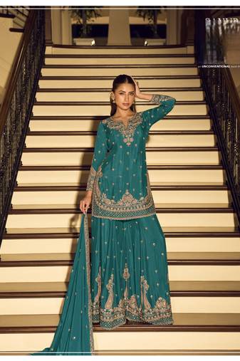 Firozi art silk thread embroidery readymade suits free size up to 42