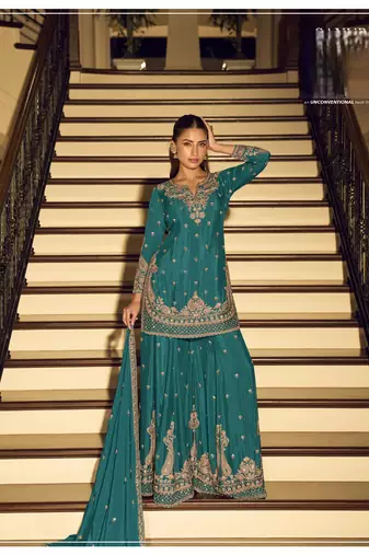 Firozi art silk thread embroidery readymade suits free size up to 42