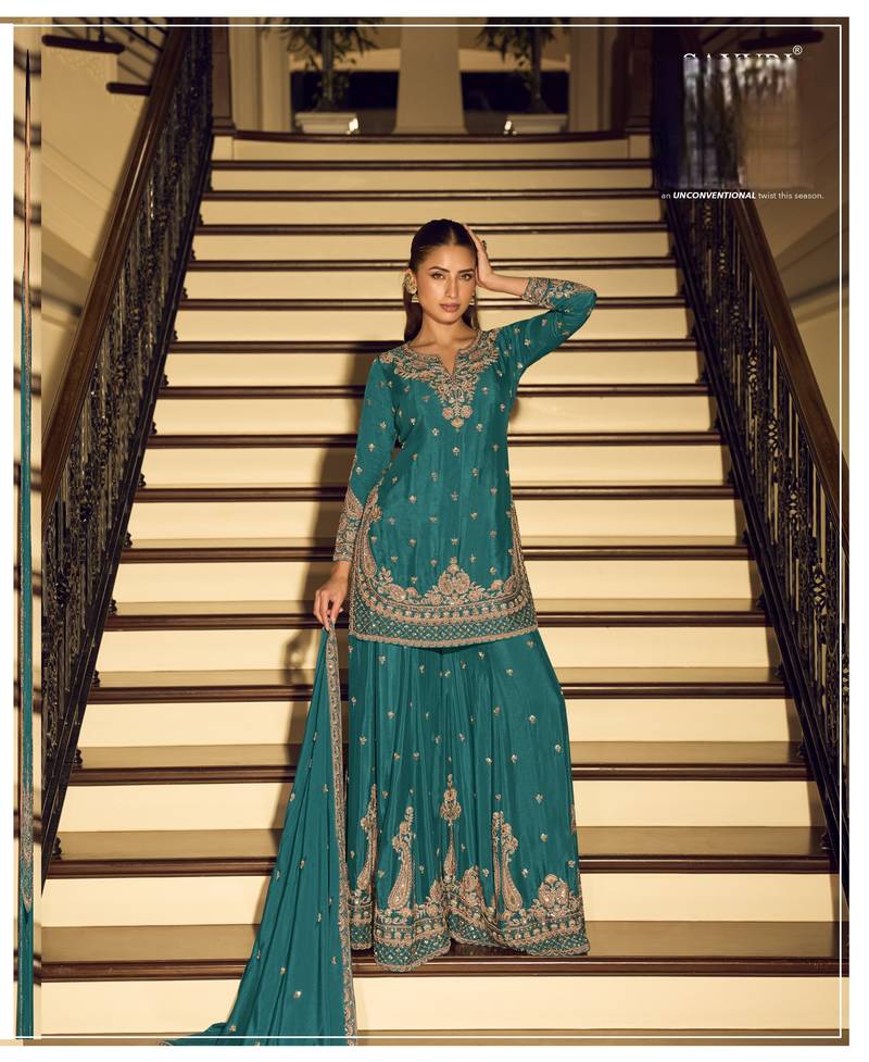 Firozi art silk thread embroidery readymade suits free size up to 42