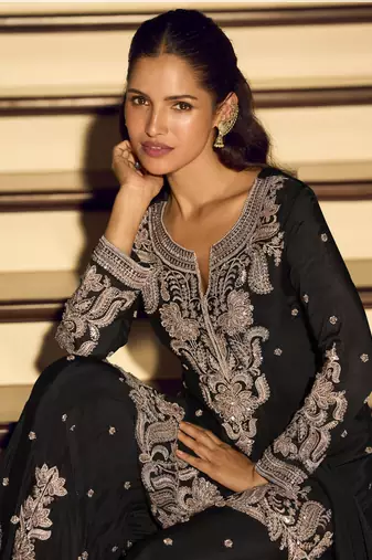 Black art silk thread embroidery readymade suits free size up to 42