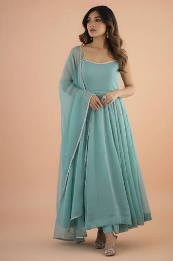 Sky-blue embroidered silk blend salwar suit