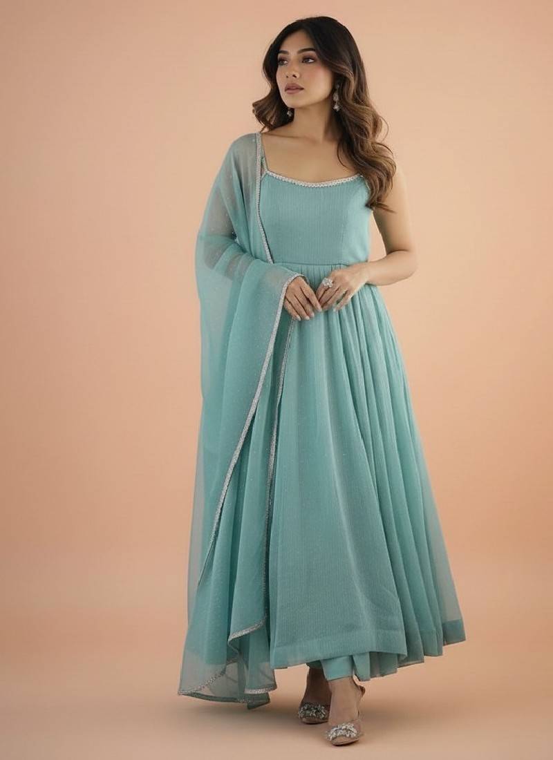 Sky-blue embroidered silk blend salwar suit