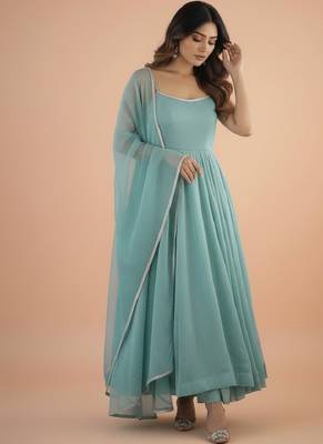 Sky-blue embroidered silk blend salwar suit 2
