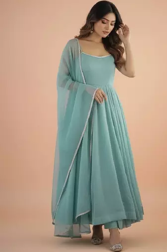 Sky-blue embroidered silk blend salwar suit