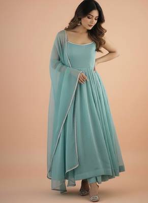 Sky-blue embroidered silk blend salwar suit 3