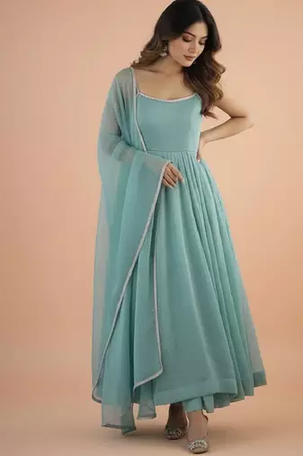 Sky-blue embroidered silk blend salwar suit