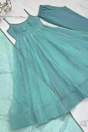 Sky-blue embroidered silk blend salwar suit