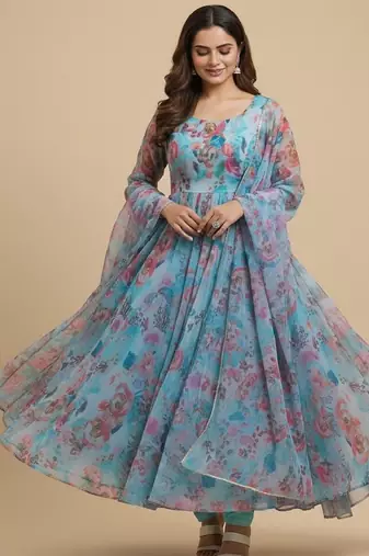 Multicolor floral print pure organza salwar suit