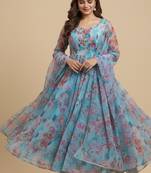 Multicolor floral print pure organza salwar suit