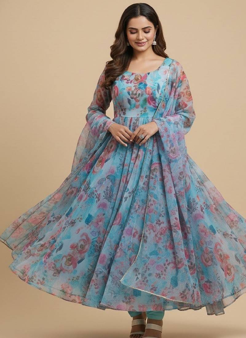 Multicolor floral print pure organza salwar suit