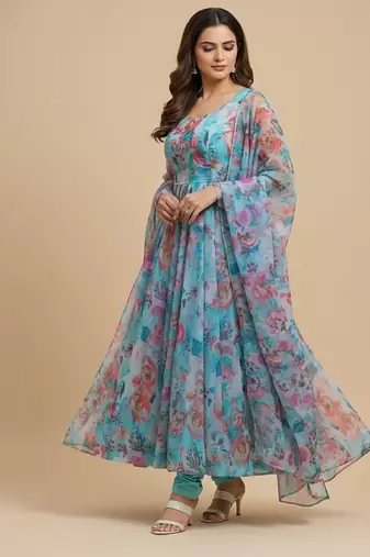 Multicolor floral print pure organza salwar suit