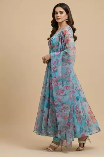 Multicolor floral print pure organza salwar suit