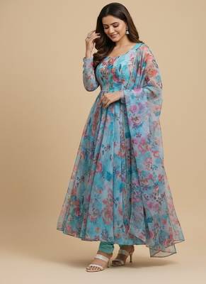 Multicolor floral print pure organza salwar suit 4
