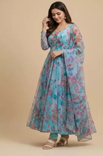 Multicolor floral print pure organza salwar suit