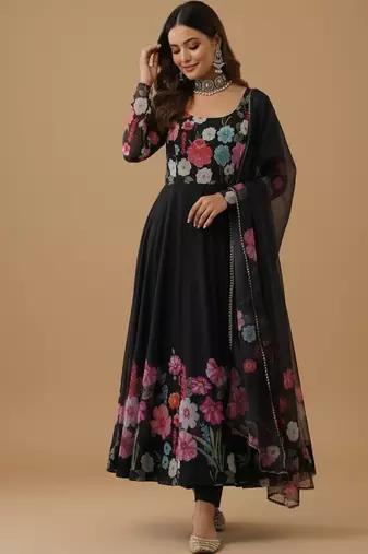 Black printed pure organza salwar suit