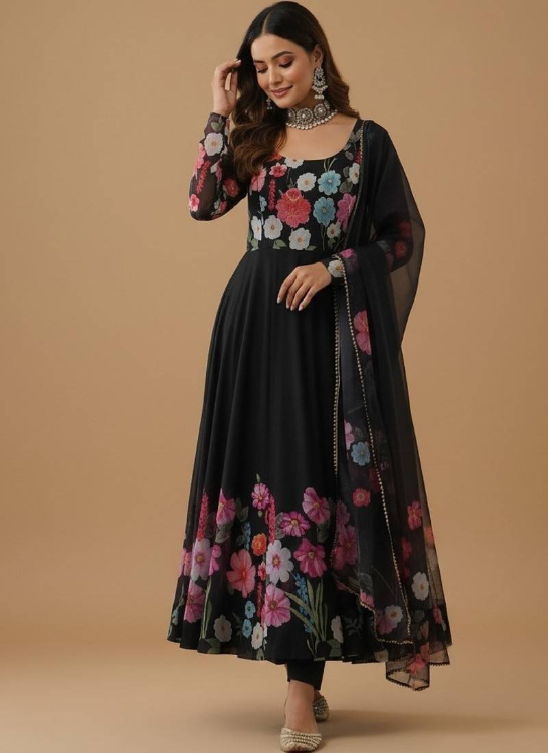 Black printed pure organza salwar suit