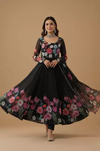 Black printed pure organza salwar suit