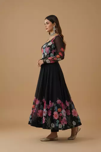 Black printed pure organza salwar suit