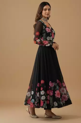 Black printed pure organza salwar suit