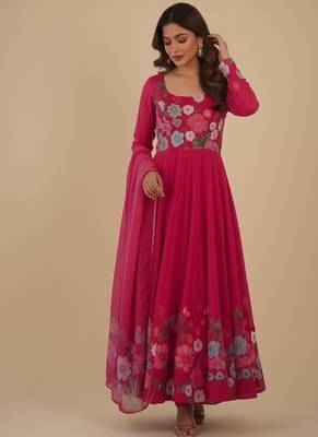 Rani-pink printed pure organza salwar suit 1