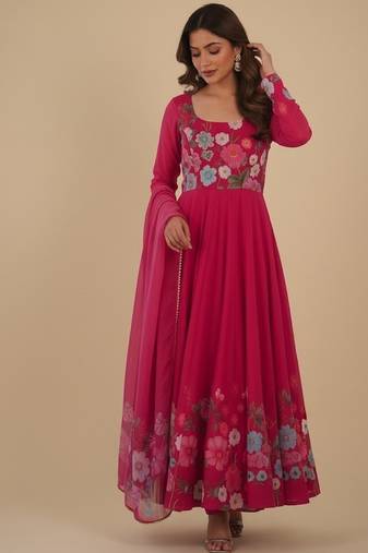Rani-pink printed pure organza salwar suit