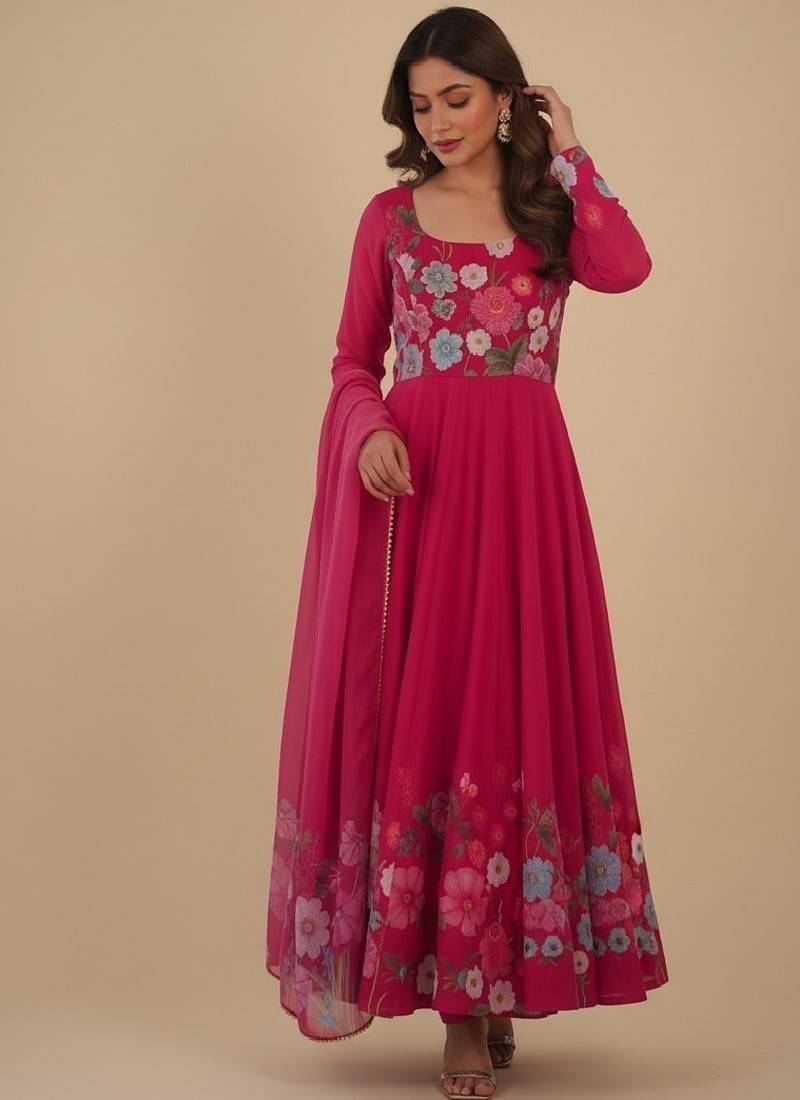 Rani-pink printed pure organza salwar suit