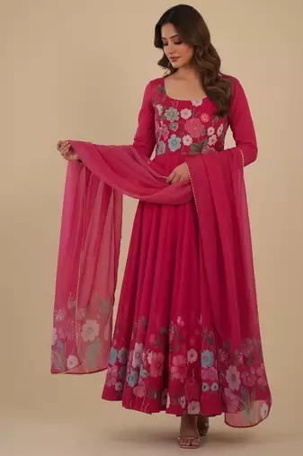 Rani-pink printed pure organza salwar suit
