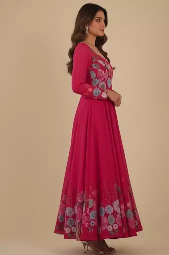 Rani-pink printed pure organza salwar suit