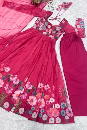 Rani-pink printed pure organza salwar suit