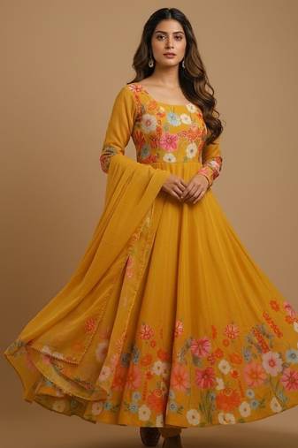 Mustard printed pure organza salwar suit