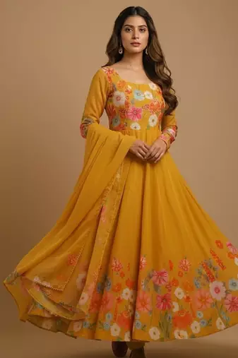 Mustard printed pure organza salwar suit