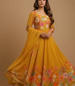Mustard printed pure organza salwar suit