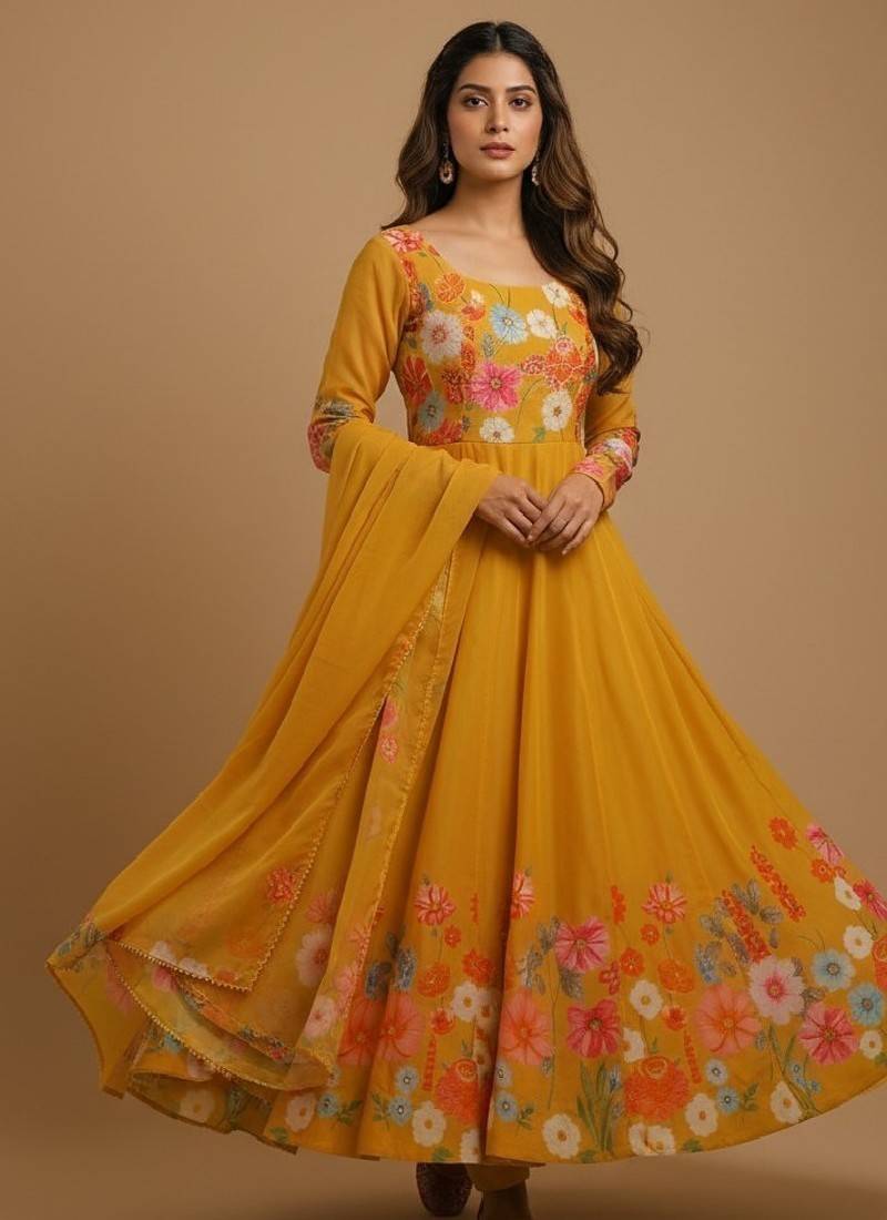 Mustard printed pure organza salwar suit