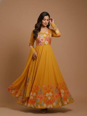 Mustard printed pure organza salwar suit 2