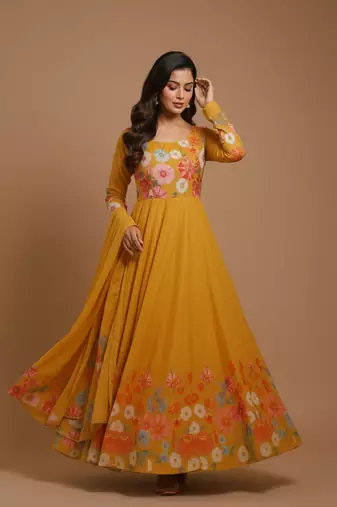 Mustard printed pure organza salwar suit