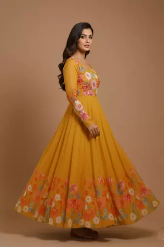 Mustard printed pure organza salwar suit