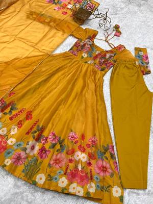 Mustard printed pure organza salwar suit 4