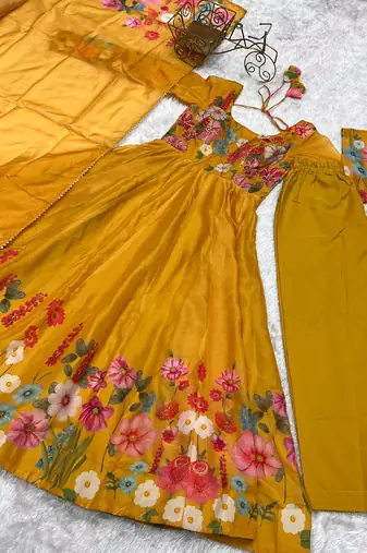 Mustard printed pure organza salwar suit