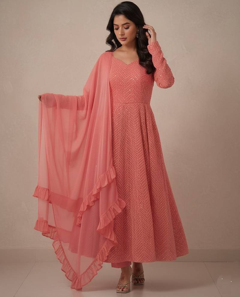 Peach chikankari pure georgette salwar suit