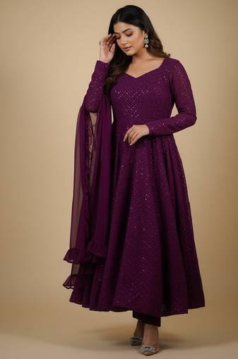 Wine chikankari pure georgette salwar suit
