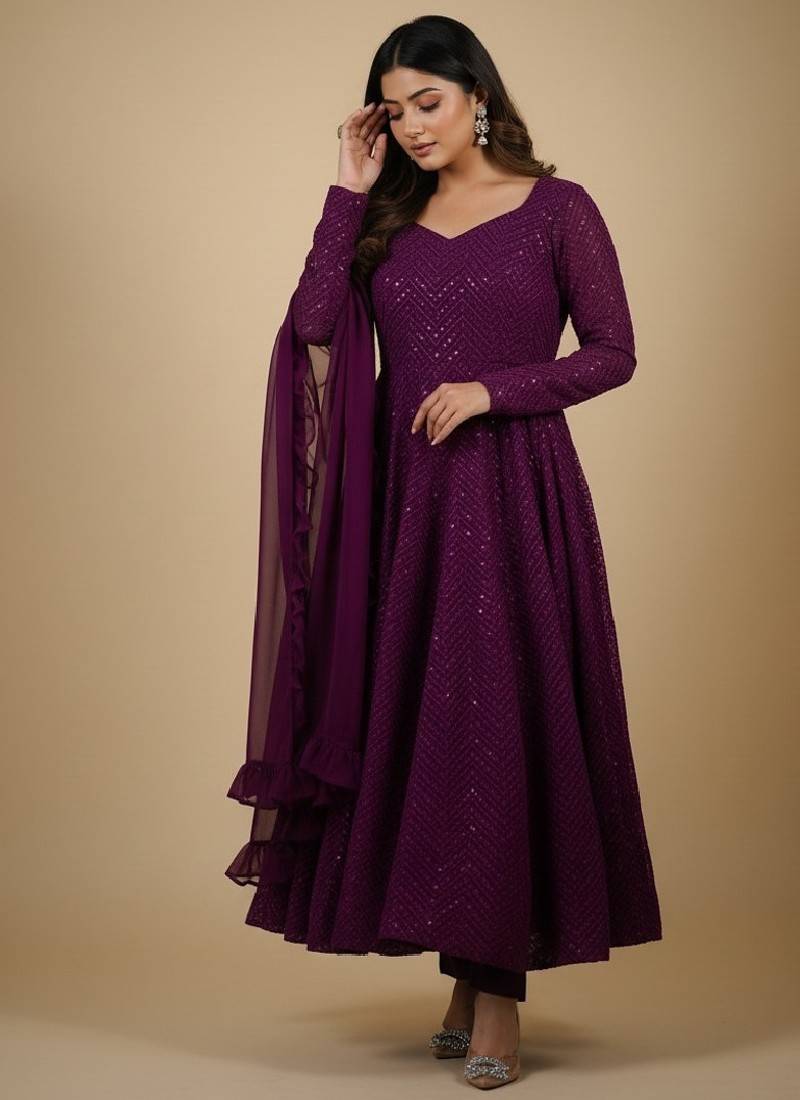 Wine chikankari pure georgette salwar suit