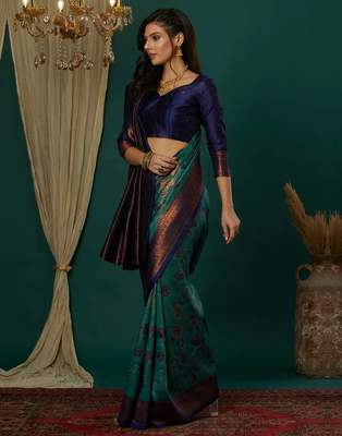 sky neavy blue silk blend banarasi saree with unstitched blouse piece 3