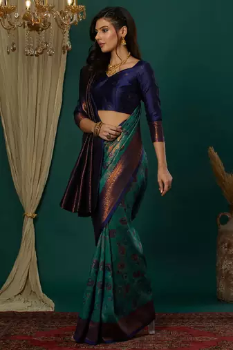 sky neavy blue silk blend banarasi saree with unstitched blouse piece