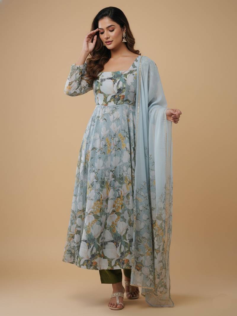 Multicolor printed pure organza salwar suit