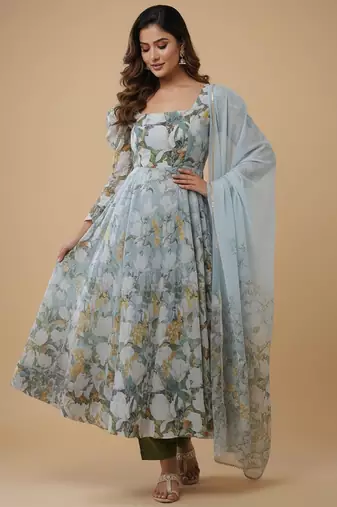 Multicolor printed pure organza salwar suit