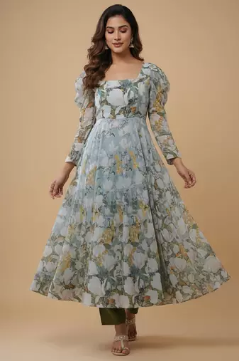 Multicolor printed pure organza salwar suit