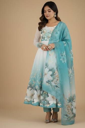 Multicolor printed pure organza salwar suit