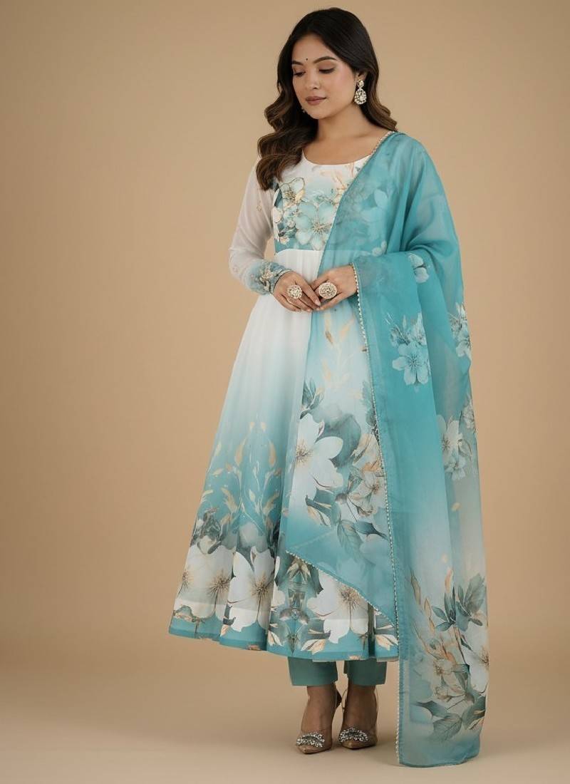 Multicolor printed pure organza salwar suit